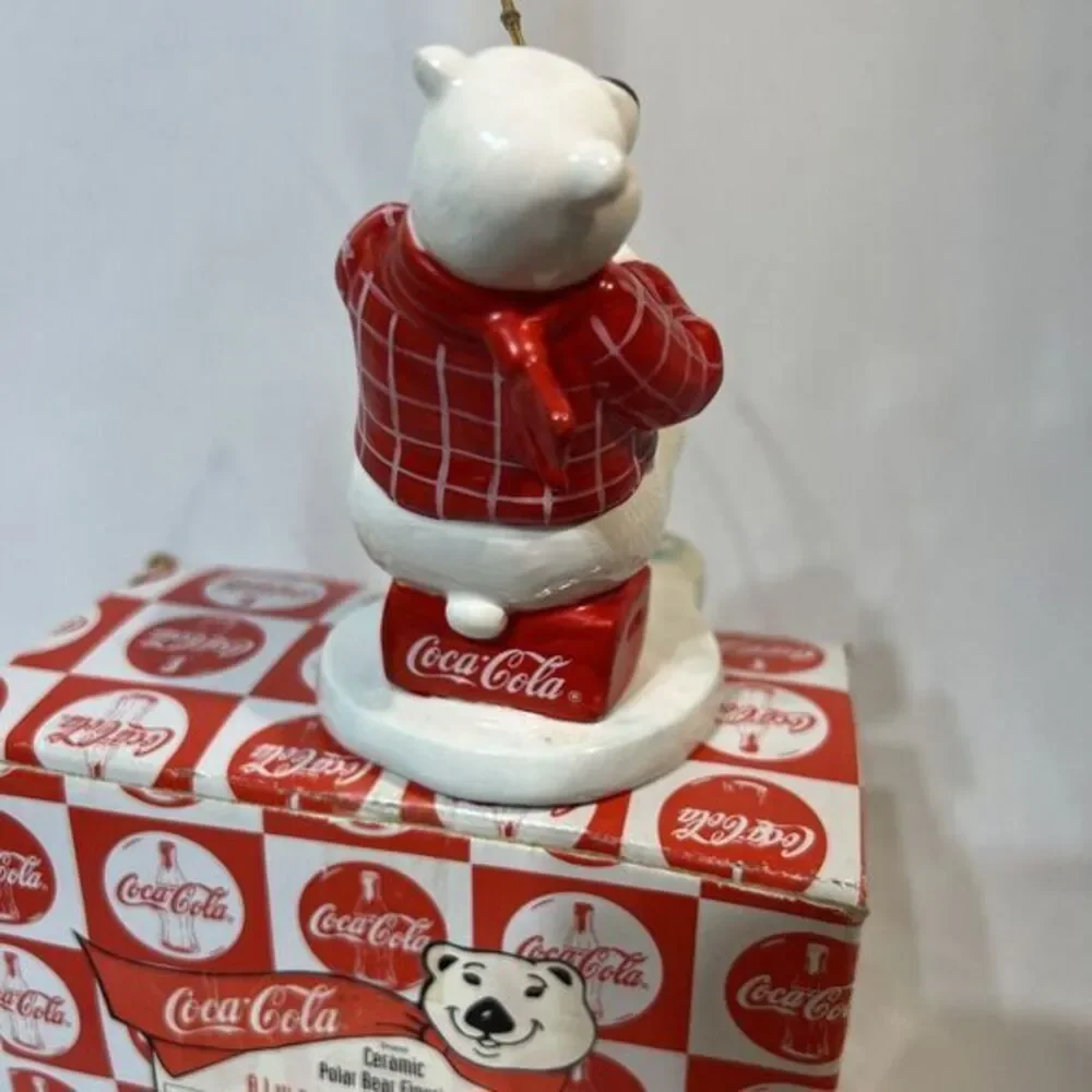 Coca-Cola Always Ice Fishing Ceramic Polar Bear‎ Figurine  - Vintage 1995